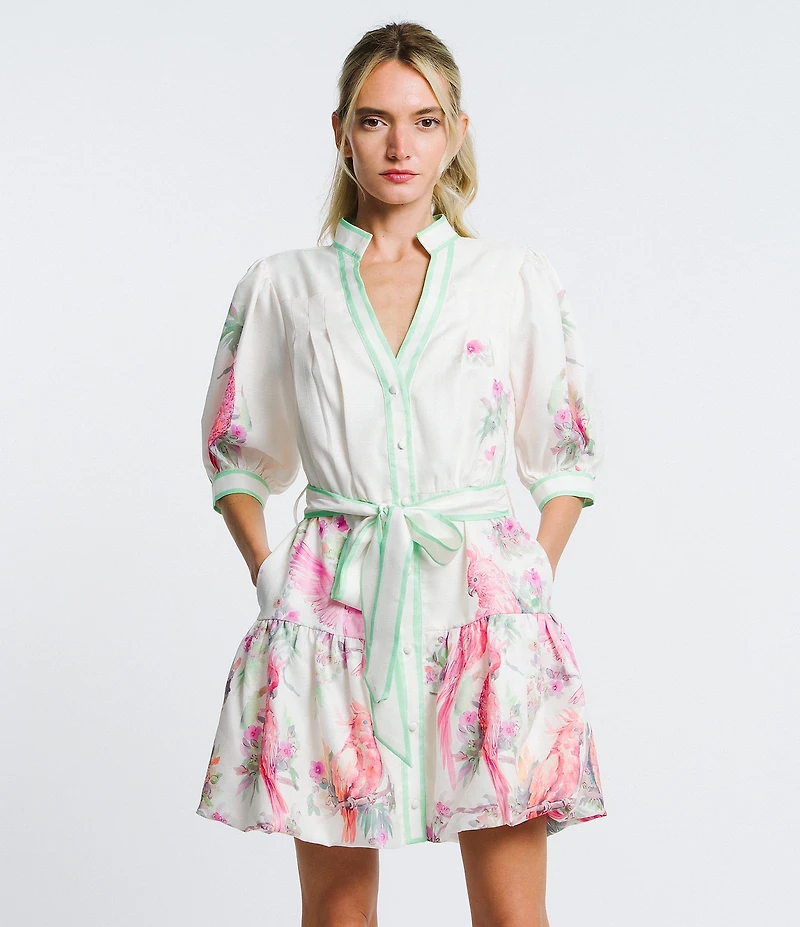 CIEBON Petite Size Ashton Bird Print Collared V-Neck Short Sleeve Belted A-Line Mini Dress