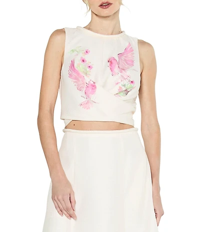 CIEBON Petite Size Aurora Bird Printed Crew Neck Sleeveless Twist Front Coordinating Top