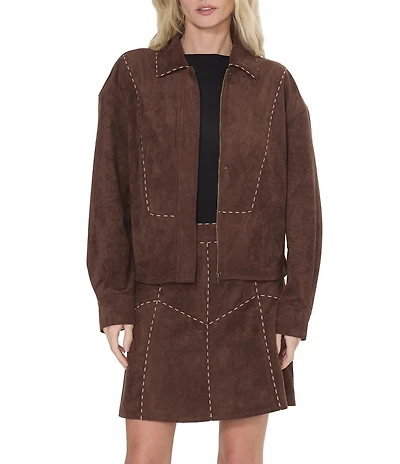 CIEBON Petite Size Avyanna Faux Suede Piping Trim Collared Long Sleeve Coordinating Jacket