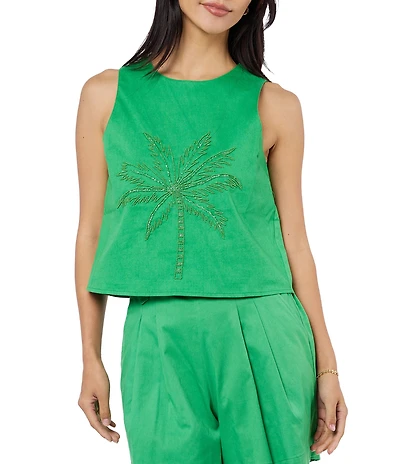 CIEBON Petite Size Berit Embroidered Palm Tree Crew Neck Sleeveless Coordinating Twill Top