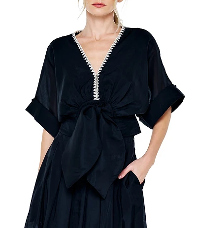 CIEBON Petite Size Clarisa Blanket Stitched V-Neck Short Sleeve Tie Front Coordinating Blouse