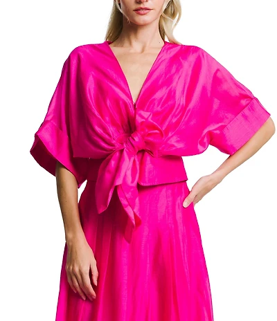 CIEBON Petite Size Clarisa V-Neck Half Sleeve Tie Front Coordinating Cropped Blouse