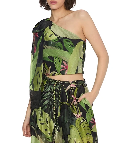 CIEBON Petite Size Elsy Tropical Printed One-Shoulder Sleeveless Coordinating Voile Top