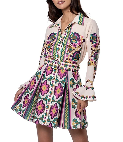 CIEBON Petite Size Floral Printed Collared Long Sleeve Crepe Mini Shirt Dress