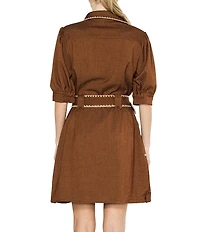 CIEBON Petite Size Gelso Embroidered Faux Denim Point Collar Half Sleeve Mini Shirt Dress