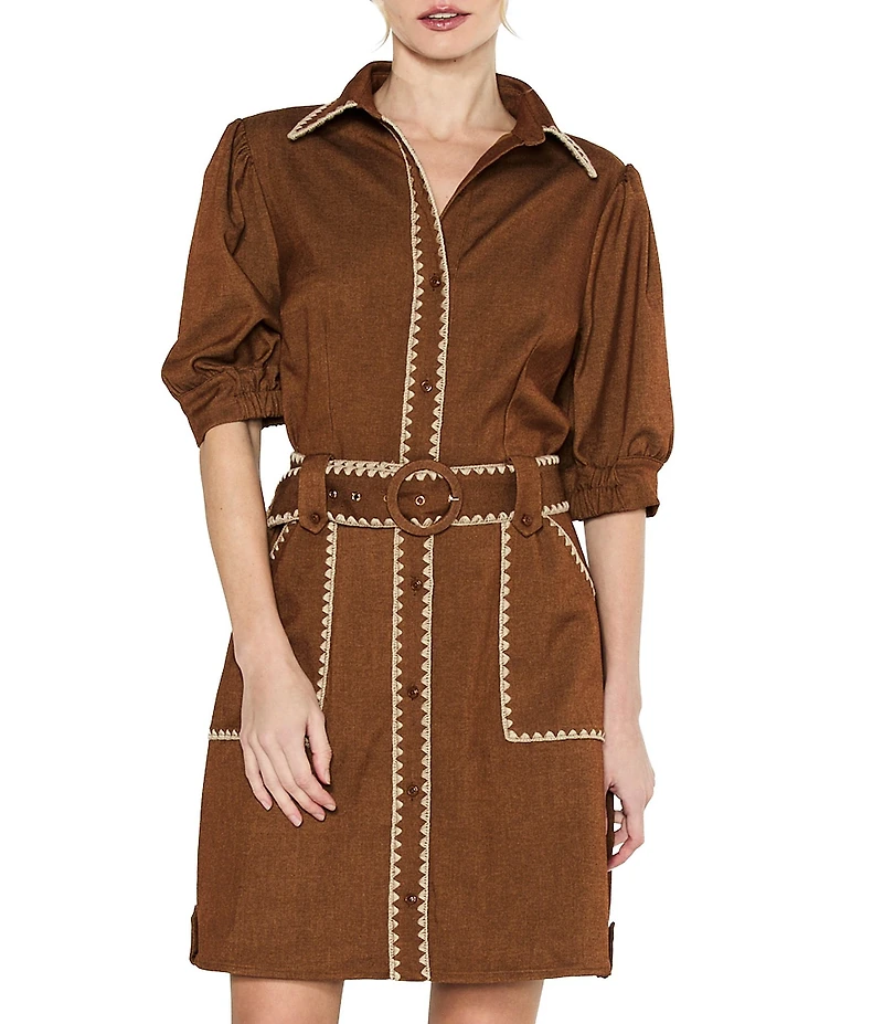 CIEBON Petite Size Gelso Embroidered Faux Denim Point Collar Half Sleeve Mini Shirt Dress