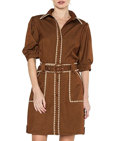 CIEBON Petite Size Gelso Embroidered Faux Denim Point Collar Half Sleeve Mini Shirt Dress