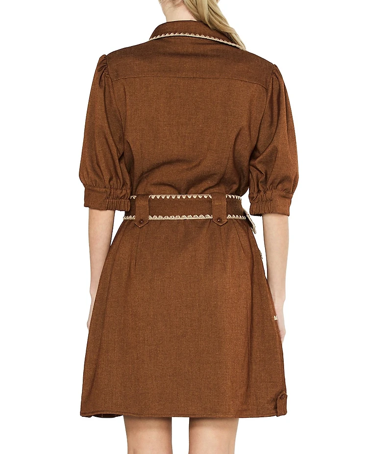 CIEBON Petite Size Gelso Embroidered Faux Denim Point Collar Half Sleeve Mini Shirt Dress