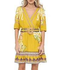 CIEBON Petite Size Ivy Floral Printed V-Neck 3/4 Sleeve Belted Mini Dress