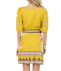CIEBON Petite Size Ivy Floral Printed V-Neck 3/4 Sleeve Belted Mini Dress