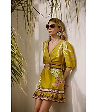 CIEBON Petite Size Ivy Floral Printed V-Neck 3/4 Sleeve Belted Mini Dress