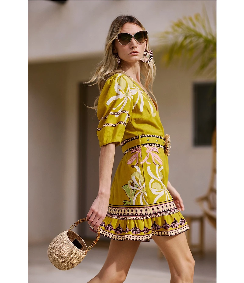 CIEBON Petite Size Ivy Floral Printed V-Neck 3/4 Sleeve Belted Mini Dress