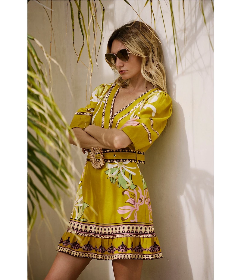 CIEBON Petite Size Ivy Floral Printed V-Neck 3/4 Sleeve Belted Mini Dress