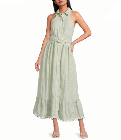 CIEBON Petite Size Kahlo Embroidered Halter Neck Sleeveless A-Line Poplin Maxi Dress