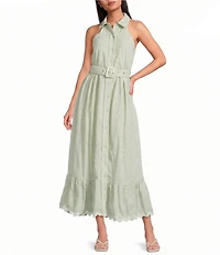CIEBON Petite Size Kahlo Embroidered Halter Neck Sleeveless A-Line Poplin Maxi Dress