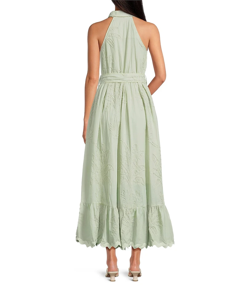 CIEBON Petite Size Kahlo Embroidered Halter Neck Sleeveless A-Line Poplin Maxi Dress