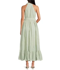 CIEBON Petite Size Kahlo Embroidered Halter Neck Sleeveless A-Line Poplin Maxi Dress
