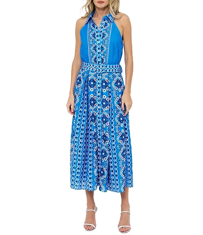 CIEBON Petite Size Leena Printed Crepe Halter Collared Neck Sleeveless A-Line Midi Dress
