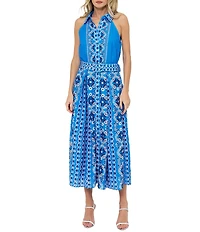 CIEBON Petite Size Leena Printed Crepe Halter Collared Neck Sleeveless A-Line Midi Dress