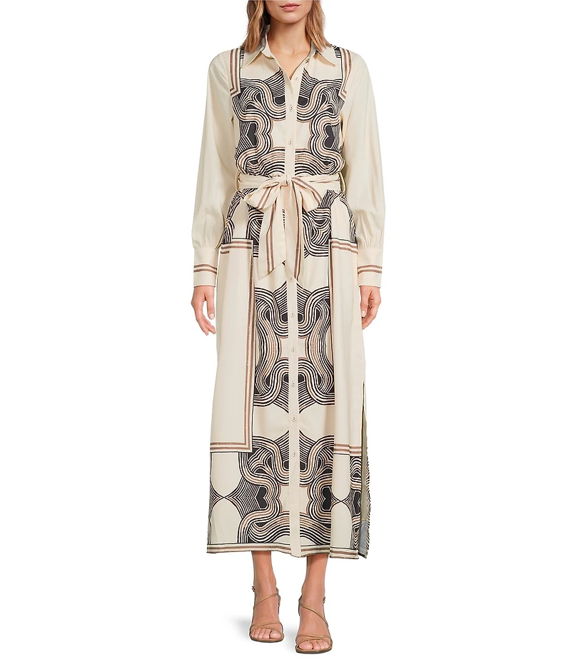 CIEBON Placement Print Point Collar Long Sleeve Button Front Maxi Dress