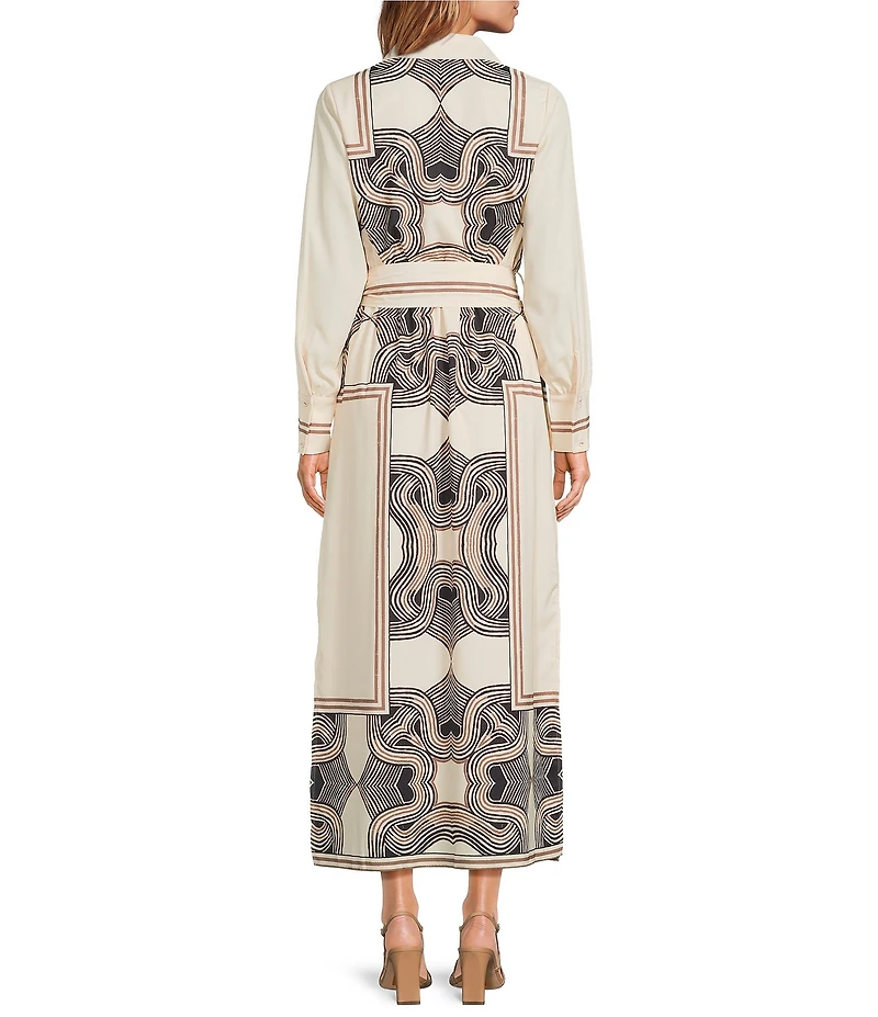 CIEBON Placement Print Point Collar Long Sleeve Button Front Maxi Dress