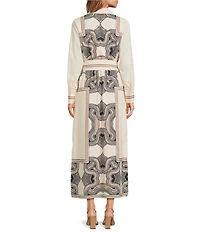 CIEBON Placement Print Point Collar Long Sleeve Button Front Maxi Dress