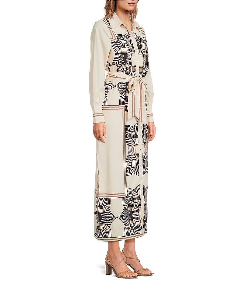 CIEBON Placement Print Point Collar Long Sleeve Button Front Maxi Dress