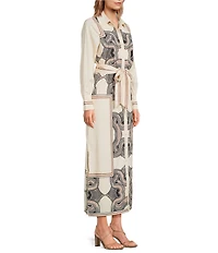CIEBON Placement Print Point Collar Long Sleeve Button Front Maxi Dress