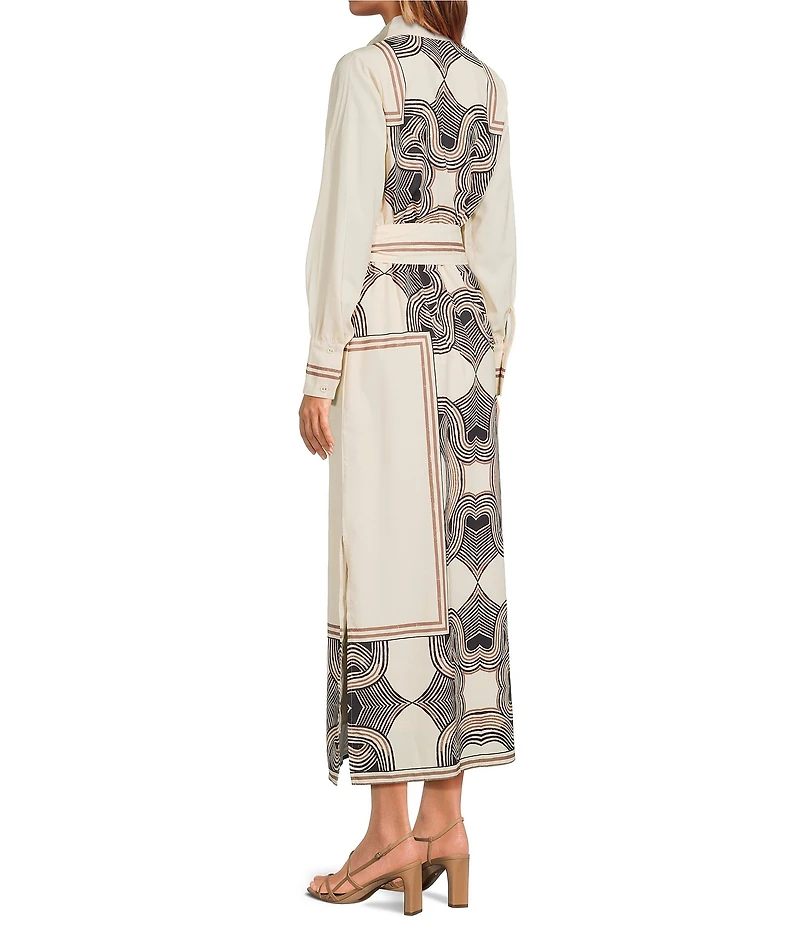 CIEBON Placement Print Point Collar Long Sleeve Button Front Maxi Dress