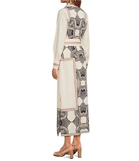 CIEBON Placement Print Point Collar Long Sleeve Button Front Maxi Dress
