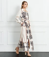 CIEBON Placement Print Point Collar Long Sleeve Button Front Maxi Dress