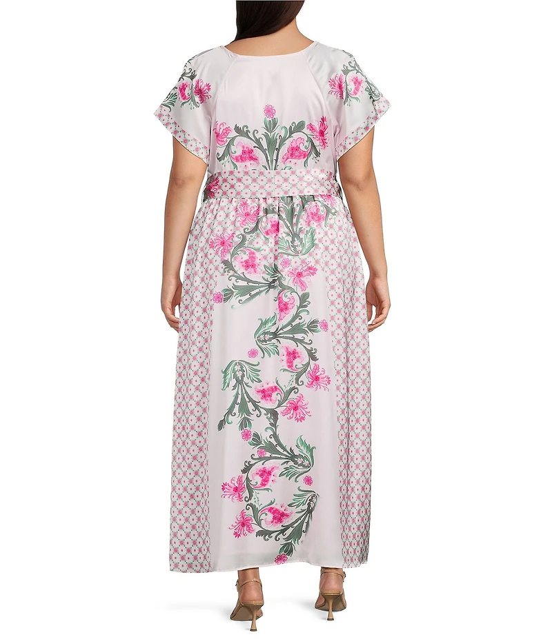 CIEBON Plus Cillian Floral Print Surplice V-Neck Short Sleeve Faux Wrap Satin Maxi Dress