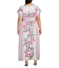 CIEBON Plus Cillian Floral Print Surplice V-Neck Short Sleeve Faux Wrap Satin Maxi Dress