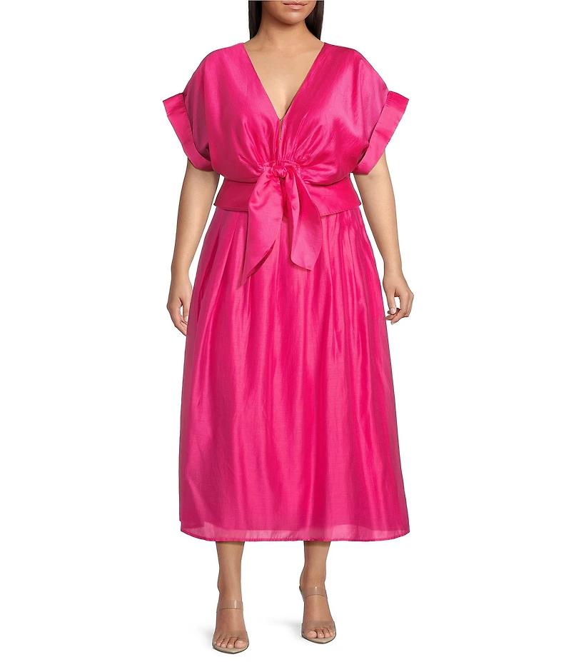 CIEBON Plus Clarisa V-Neck Half Sleeve Tie Front Coordinating Cropped Blouse