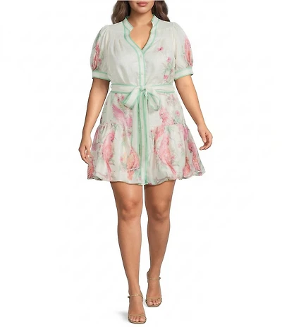 CIEBON Plus Size Ashton Bird Print Collared V-Neck Short Puff Sleeve Tiered Hem Belted A-Line Mini Dress
