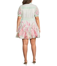 CIEBON Plus Size Ashton Bird Print Collared V-Neck Short Puff Sleeve Tiered Hem Belted A-Line Mini Dress