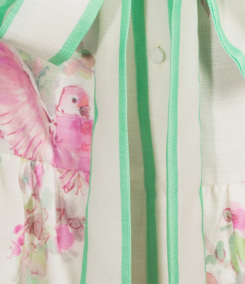 CIEBON Plus Size Ashton Bird Print Collared V-Neck Short Puff Sleeve Tiered Hem Belted A-Line Mini Dress