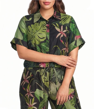 CIEBON Plus Size Aurelia Tropical Printed Collared Short Sleeve Button Down Coordinating Voile Top