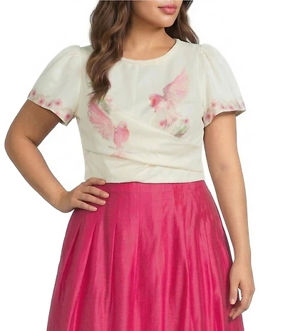 CIEBON Plus Size Aurora Bird Printed Crew Neck Short Sleeve Twist Front Top