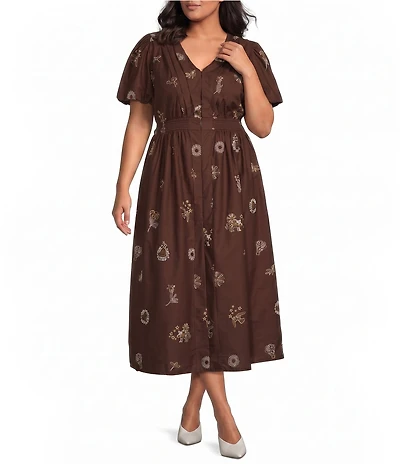 CIEBON Plus Size Dorene Embroidered Poplin V-Neck Short Sleeve Smocked Waist Maxi Dress