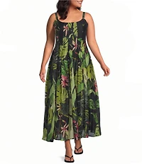CIEBON Plus Size Dorothy Tropical Printed Voile Square Neck Sleeveless Maxi Dress
