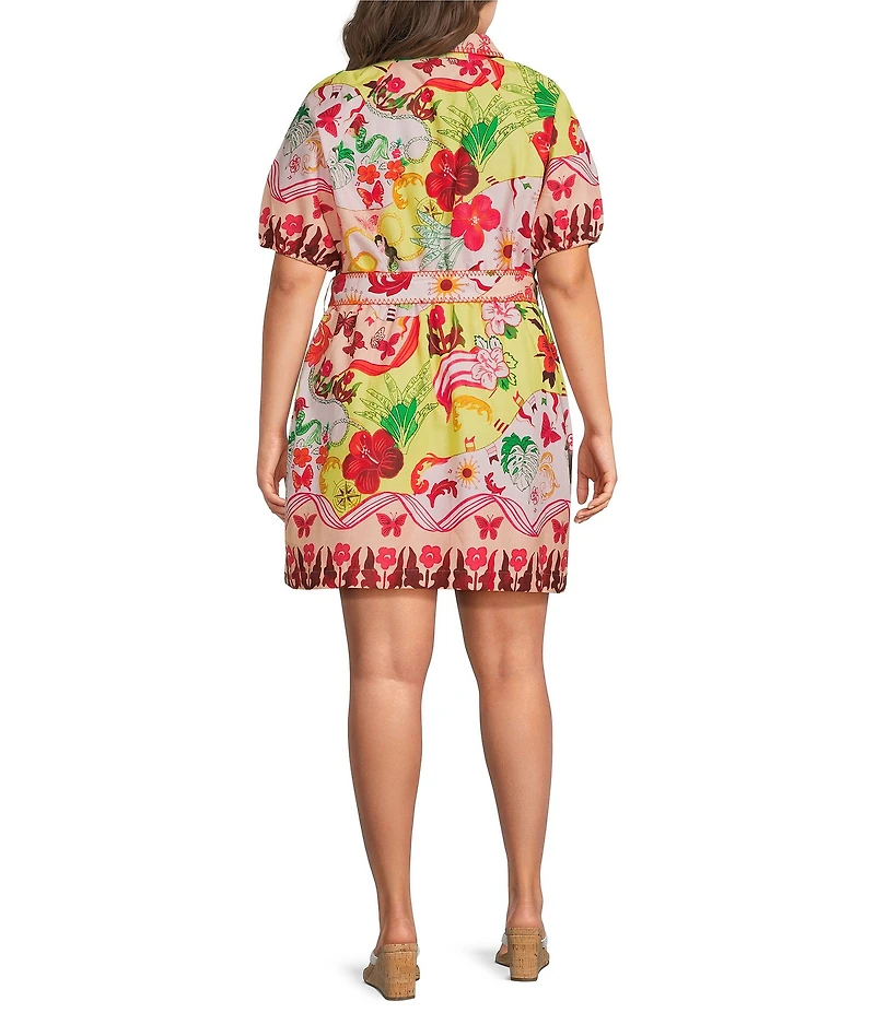 CIEBON Plus Size Julika Printed Collared Short Sleeve A-Line Linen Mini Dress