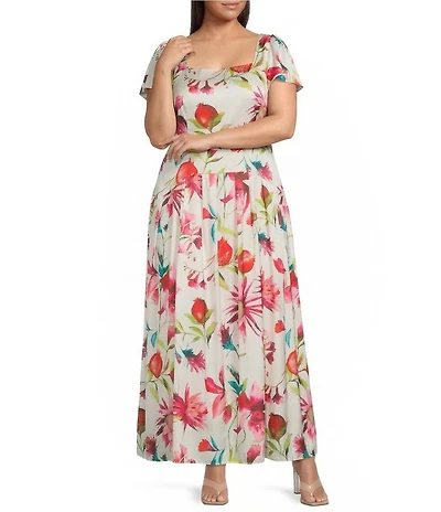 CIEBON Plus Size Juno Floral Pomegranate Print Square Neck Short Sleeve Satin A-Line Maxi Dress