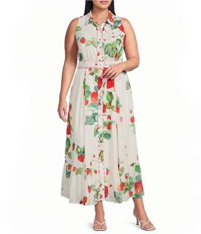 CIEBON Plus Size Katerina Printed Chiffon Collared Neck Sleeveless A-Line Midi Dress