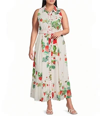 CIEBON Plus Size Katerina Printed Chiffon Collared Neck Sleeveless A-Line Midi Dress