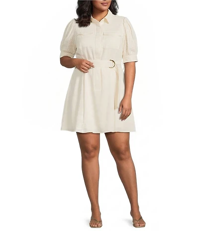 CIEBON Plus Size Laia Lace Applique Shirt Collar Short Puff Sleeve Belted Mini Shirt Dress