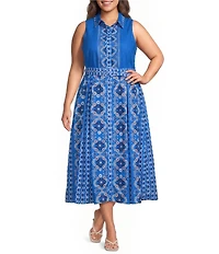 CIEBON Plus Size Leena Printed Crepe Halter Collared Neck Sleeveless A-Line Midi Dress