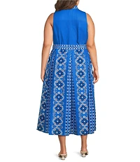 CIEBON Plus Size Leena Printed Crepe Halter Collared Neck Sleeveless A-Line Midi Dress