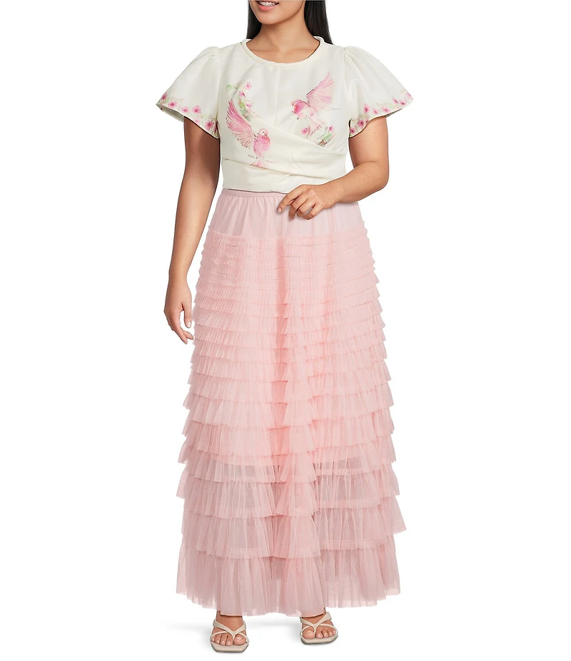 CIEBON Plus Size Niki Ruffled Tulle A-Line Maxi Skirt
