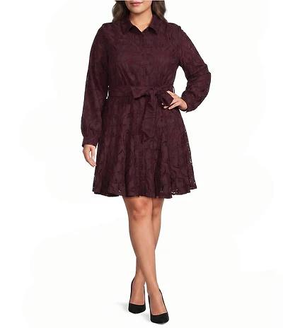 CIEBON Plus Size Serane Eyelet Embroidered Lace Collared Long Sleeve Shirt Dress
